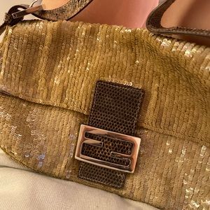 Fendi sequin baguette lizard trimmed sequin baguette tan/beige